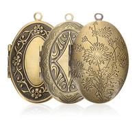 Veemoon 3pcs Oval Photo Locket Pendant Box Set Vintage Bronze Finish, Picture Lockets for Women, Small Memorial Photo Holder Necklace Charms for Craft and Keepsake