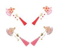 Veemoon 4PCS Japanese Style Wedding Bride Headpiece Side Clips with Tassel and Jingling Bells Lightweight Floral Hairpins for Kimono Hanfu Accessories Elegant Oriental Fan Flower Barrette