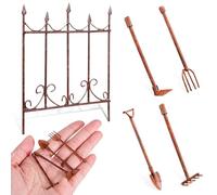 Veemoon 5 Pcs Miniature Garden Tool Ornament with Hand Rake Shovel Spade and Mini Fence Rustic Dollhouse Landscape Decor for Indoor Outdoor Gardening and Photo Props
