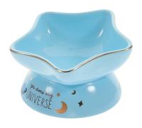 Veemoon Ceramic Raised Cat Food Bowl Blue Star Pattern Slow Feeding Elevated Pet Kitten Bowl Indoor Wear-resistant Cat Feeding Dish