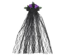 Veemoon Day of The Dead Headband 5pcs Set with Long Black and Purple Lace Veil, Halloween Party Cosplay Hair Hoop for Women, Unique Floral Hair Accessory for Festival Dress up