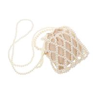 Veemoon Elegant Hollow Beaded Pearl Bucket Tote Bag with Drawstring Closure, Large Capacity Tropical Holiday Purse for Weddings and Parties, Handmade Polyester and Plastic Beach Handbag