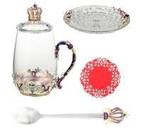 Veemoon Glass Enamel Flower Tea Cup Set 5pcs 370ml with Lid, Saucer, Spoon and Coaster - Decorative Crown Design Glass Drinking Mug for Tea and Coffee Use