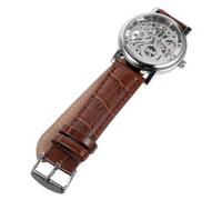 Veemoon Men’s Manual Mechanical Wrist Watch Hollow-Out Dial with Silver Case and Brown Pu Band Fashion Sport Style for Daily Casual Wear