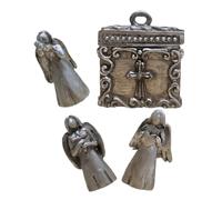 Veemoon Mini Angel Prayer Box Set with Triple Resin Angel Figurines - Openable Pewter Trinket Charm for Christmas Festival Decor and Inspirational Holiday Storage