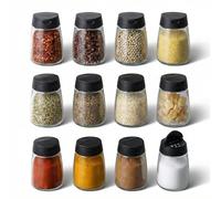 Veemoon Pack of 12 Double Lockable Spice Jars Made of Food-Grade Glass Black Salt Pepper Shakers with Screw Lid Space Saving for Kitchen Grill and Outdoor Use