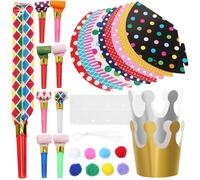 Veemoon Party Hats and Blowers Set, 9 Cone Paper Hat + 2 Paper Crown + 10 Blowers, Funny Party Horn for Photo Props Festival Birthday Celebrations Adult Kids