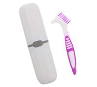 Veemoon Portable Denture Toothbrush and Storage Case Set - Double-Sided Gentle Denture Brush with Anti-Slip Handle for Travel - Retainer Cleaning Container with Purple Brush and Blue-Grey