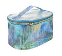Veemoon Portable Makeup Bag Oval Blue PVC Travel Cosmetic Organizer Pouch with Transparent Ink Painting Design for Toiletries and Beauty Accessories