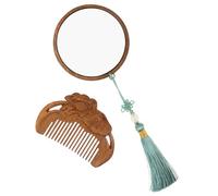 Veemoon Portable Wood Carved Comb and Compact Makeup Mirror Set with Tassel Lightweight Hand-carved Patterned Travel Vanity for Hair Care Reflection and Daily Grooming