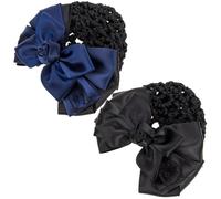 Veemoon Professional Hair Bun Bowknot Net Clips with 3D Rose Embellishments, Black and Blue Hairnet Barrettes for Women, for Job Activities, Ceremonial Events and Daily Use, 2Pcs