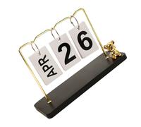 Veemoon Reusable Perpetual Desk Calendar with Wooden Base and Metal Frame Standing Flip Date Display for Office and Home Decor Artistic Minimalist Black Gold Metal Calendar Ornament