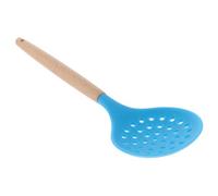 Veemoon Silicone Skimmer with Bent Wood Handle, Heat Resistant Slotted Spoon for Oil Filtering and Food Serving, Blue Kitchen Strainer Utensil Suitable for Home and Restaurant Use