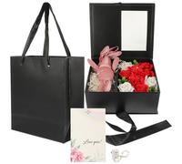 Veemoon Small Black Knight Floral Box Set with Bunny, Fairy Lights, Raffia Card - Windowed Rose Arrangement Box for Wedding Bridesmaids, Valentines Floral Packaging and Keepsake