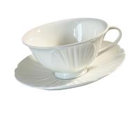 Veemoon Vintage French Bone China Coffee Cup and Saucer Set, 1pcs Embossed Ceramic Latte Mug for Afternoon Tea and Drip Coffee, Classic White Porcelain Drinking Cup for Home and Café Use