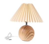 Veemoon Wood Grain Base Table Lamp with Pleated Cloth Lampshade Warm Light USB Bedside Lamp for Bedroom and Living for Cozy Ambiance