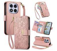 VEEMOS Phone Case for Xiaomi Redmi Note 14 Pro 5G with Zip Wallet Purse Card Holder Slot Pressed Flower Design Folding Flip Case Cover Leather Stand Lanyard Wrist Strap Women - Pink