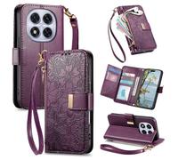 VEEMOS Phone Case for Xiaomi Redmi Note 14 Pro 5G with Zip Wallet Purse Card Holder Slot Pressed Flower Design Folding Flip Case Cover Leather Stand Lanyard Wrist Strap Women - Purple
