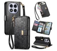 VEEMOS Phone Case for Xiaomi Redmi Note 15 Pro 5G with Zip Wallet Purse Card Holder Slot Pressed Flower Design Folding Flip Case Cover Leather Stand Lanyard Wrist Strap Women - Black