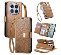 VEEMOS Phone Case for Xiaomi Redmi Note 15 Pro 5G with Zip Wallet Purse Card Holder Slot Pressed Flower Design Folding Flip Case Cover Leather Stand Lanyard Wrist Strap Women - Brown