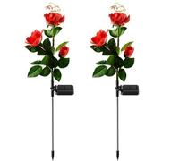 Veesper 2Pcs Solar Flowers Outdoor Waterproof, Solar Flowers 3 Heads Realistic Rose Light Solar Flower Lights, Auto Light up Solar Garden Stakes Outdoor Garden Decor Red