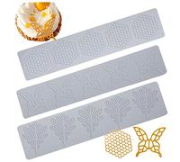 Veesper 3Pcs Silicone Mold, Tuile Mould Silicone Honeycomb Mould Leaf and Butterfly Embossing Mat Reusable Lace Silicone Cake Fondant Mold for Cake Decorating