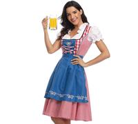 Veesper Dirndl Dresses Women Vintage Ruffled Edge V-Neck German Outfit Women Traditional Checkered Cloth Classic Breathable Beer Costume for Party L..