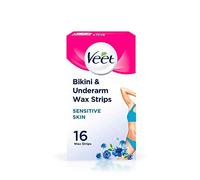 Veet Bikini & Underarm Cold Wax Strips - Sensitive Skin - 8 Double-Sided Strips (Pack of 16)