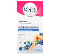 Veet Easy-Gel Cold Wax Strips Sensitive Skin Hair Removal Body & Legs, 20 Strips + 4 Finish Wipes, Gentle Effective Shaving Foam Alternative
