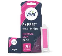 Veet Expert Cold Wax Strips for Face, Normal Skin, 20 Count with 4 Shea Butter Finish Wipes - Effective Hair Removal Solution