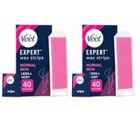 Veet Expert Cold Wax Strips, Hair Removal, Bikini & Underarms, Normal Skin, 40 Strips each, 4 finish wipes with Almond Oil, Pack of 2