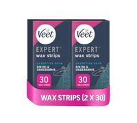 Veet Expert Cold Wax Strips, Hair Removal, Bikini & Underarms, Sensitive Skin, 30 Strips each, 3 Finish Wipes, with Almond Oil, Pack of 2