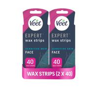 Veet Expert Cold Wax Strips, Hair Removal, Face, Sensitive Skin, 40 Strips each, 4 Finish Wipes, with Almond Oil, Pack of 2