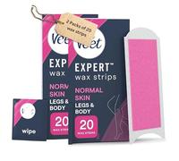 Veèt Expert Cold Wax Strips, Legs & Body, Normal Skin, 2 packs of 20 Wax Strips (40 strips) | 28 Days Smoothness, Shea Butter, Removes Shortest Hair from Root, (4 Finish Wipes with Argan Oil)