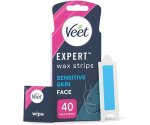 VEET EXPERT FACIAL WAX STRIPS FOR WOMEN, 40 COUNT + 4 FINISH WIPES, SENSITIVE SK