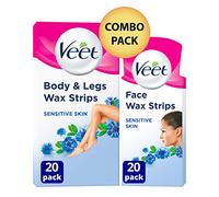 Veet Hair Removal Wax Strips for Sensitive Skin Face (20 Strips) and Legs & Body (20 Strips), Total 40 Strips