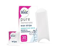 Veet Pure Cold Wax Strips for Bikini & Underarm, Sensitive Skin, 30 Count + 3 Wipes, Root Hair Removal, 28 Days Smoothness, Hypoal