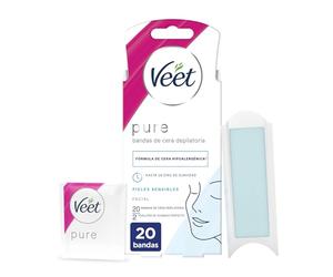 Veet Pure Cold Wax Strips for Facial Hair Removal Suitable for Upper Lips (Bigotte), Hypoallergenic Wax Formula for Sensitive Skin, 20 Strips