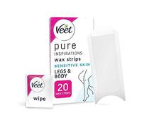 Veet Pure Cold Wax Strips For Legs & Body, Sensitive Skin, 20 Count + 2 Finish Wipes, Hypoallergenic Hair Removal, 28 Days Smoothness, Removes From Root (Packaging Varies)