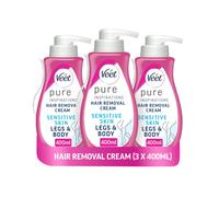 Veet Pure Hair Removal Cream 400ml (3 Pack) For Legs And Body, Sensitive Skin, Includes Spatula, Long-Lasting Smoothness, Hydrates, Exfoliates, Minim