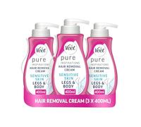 Veet Pure Hair Removal Cream 400ml (3 Pack) For Legs And Body, Sensitive Skin, Includes Spatula, Long-Lasting Smoothness, Hydrates, Exfoliates, Minimal Ingredients, Packaging Varies