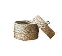 Veeteah Small Round Seagrass Storage Baskets - Cylinder Woven Shelf Baskets With Lids - Seagrass Container Box Organizer For Pantry Shelves Cabinets