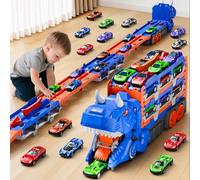 VEEVIFUN Toddler Car Truck Toys Gifts for 3 4 5 Years Old Boys, Dinosaur Transport Truck Car Tracks Toys with 12 Pcs Die-Cast Cars, Transforms into Dino, Toy Gifts for 3 4 5 6 Year Old Boys
