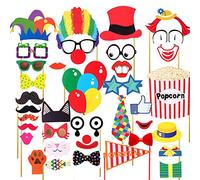 Veewon 36pcs Funny Party Photo Booth Props DIY Kit Red, Multicolor Card Paper & Wood Material for Carnival, Wedding, Birthday & Graduation Party