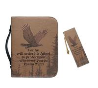 Vefabuboy BrownPU Bible Covers for Men Large Size Bible Case Bible Bag with Leather Bookmark Set, Eagle and Scripture,XL