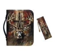 Vefabuboy Leather Bible Cover for Men, Brown Bible Carrying Book Case Church Bag with Bookmark Bible Protective with Handle,Christian Gifts,Gothic Deer Cross,M