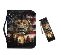 Vefabuboy Leather Bible Covers for Men Women,PU Bible Bags with Bookmark Bible Cases Carrying Bag Fits Bible Book Accessory,Lion with American Flag,2XL