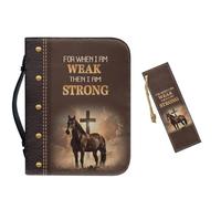 Vefabuboy PU Bible Covers for Men Extra Large Bible Case Brown Bible Bag with Leather Bookmark,Christian Gift,Scripture Horse and Cross,M