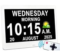 Véfaîî 10" Inch Large Digital Clock with Auto DST and Sun Moon Icons, Custom Reminders and Calendar, Day Date for Seniors Dementia Alzheimers' Clock with Remote Control（White）