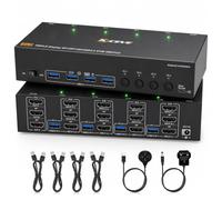 VeftBltrem KVM Switch 3 Monitors 4 Computers 8K@60Hz 4K@144Hz | Triple Monitor HDMI DisplayPort KVM with 4 USB 3.0 Ports, Wired Remote, 4 USB Cables for Keyboard Mouse Printer Gaming